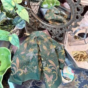 Vtg Silk Scarf Square Butterfly Paisley Print Teal Green Blue Coral Matte Silk